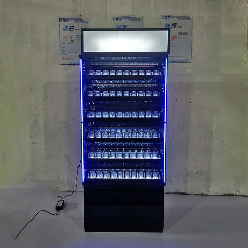 Cheap Customized Wall Metal Cigarette Display Stand With Top Light Box And Large Storage Cabinet for sale