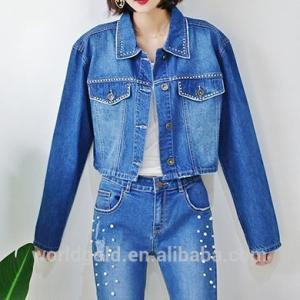 Cheap Distressed Stretch Printed Ladies Short Denim Jacket With Rhinestone Trimming for sale