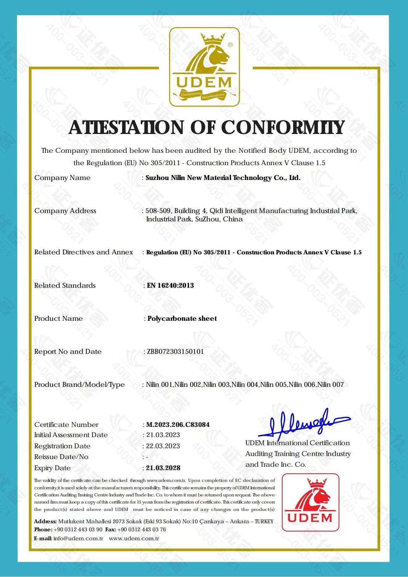 Suzhou Nilin New Material Technology Co., Ltd Certifications