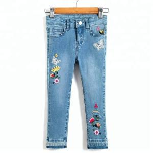Cheap Long Kids Denim Clothes Baby Girl Denim Pants With Flower Embroidered Decor for sale