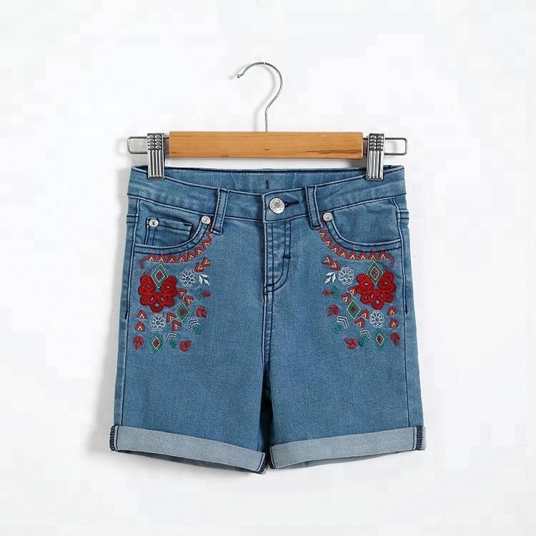 Cheap Flower Embroidery Girls Denim Shorts Knee Length With Adjustable Size Waist for sale