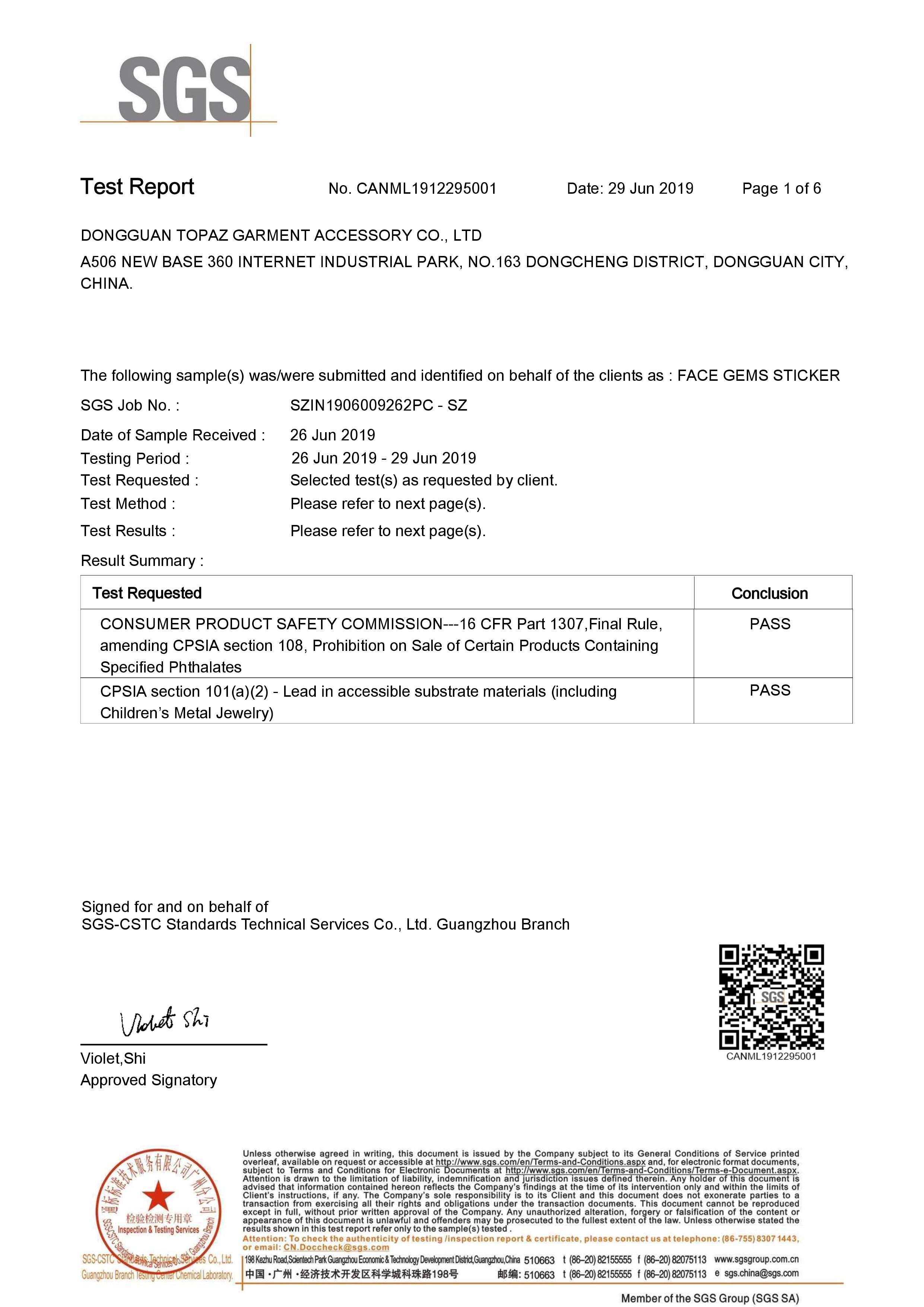 Hongkong Topaz Costume Limited Certifications