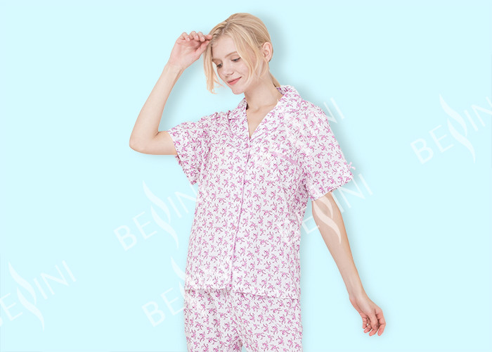 Cheap Cute Womens Pyjama Sets Short Sleeve Top And Long Pants With Elastic Waistband for sale