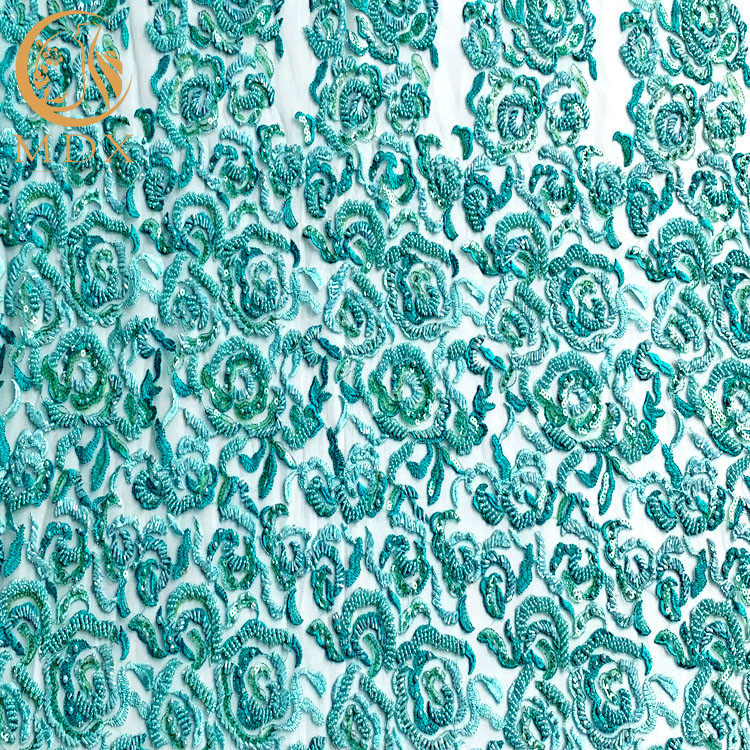 China ODM Mint Green Handmade Lace Fabric With Beads 135Cm Width on sale