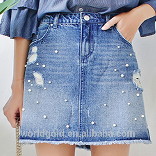 Cheap Custom Women A LINE Damaged Denim Skirt With Pearls And Frayed Hem for sale