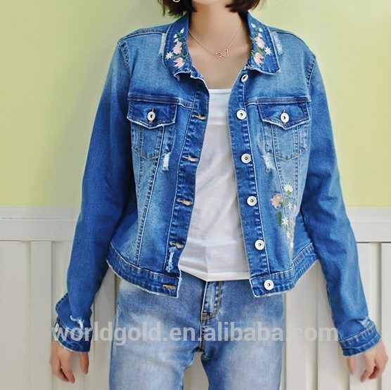 Cheap Fancy Distressed Stretch Embroidered Denim Jacket For Womens Fashion Design for sale