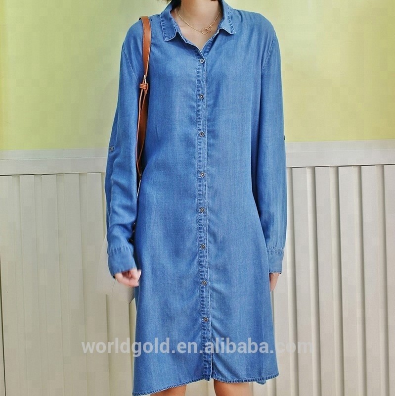 Cheap Roll Up Sleeves Women Denim Blouses And Tops , Casual Oversized Denim Dress for sale