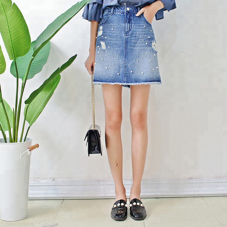 Cheap Women A Line Denim Mini Skirt With Pearls , Summer Short Jean Skirt for Ladies for sale