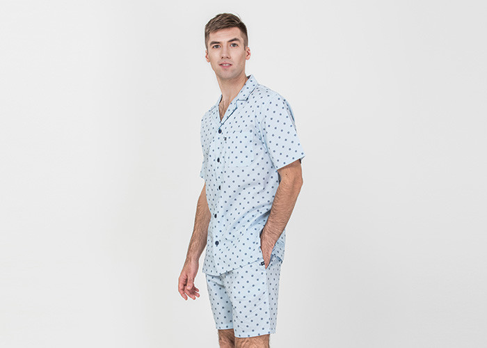 Anti Shrink Mens Button Down Pajamas , Mens Loungewear Shorts Sets Blue Color