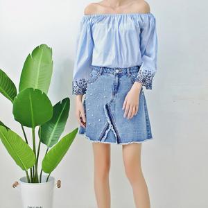 Cheap Young Ladies Short Denim Mini Skirt With Pearls , Women's A Line Denim Skirt for sale