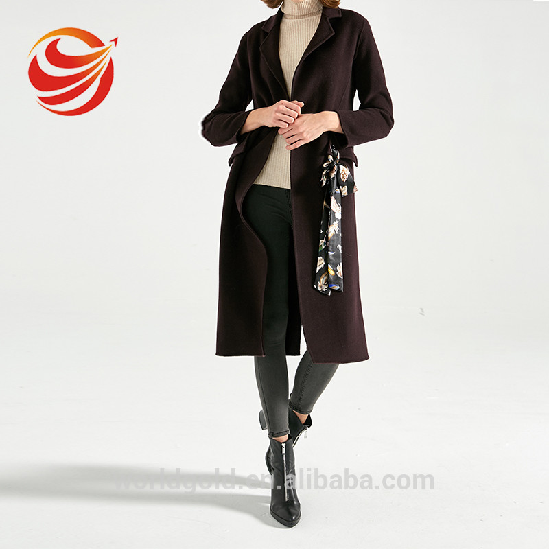Cheap Wool Long Women's Casual Winter Coats Dark Brown Color With Printed Belt for sale