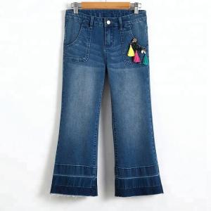 Cheap Wide Leg Tassel Trim Girls Denim Jeans , Bell Bottom Pants Adjustable Waist for sale