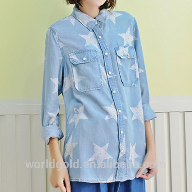 Cheap Women Casual Long Sleeve Washed T Shirt With Snap Button & Star Print for sale