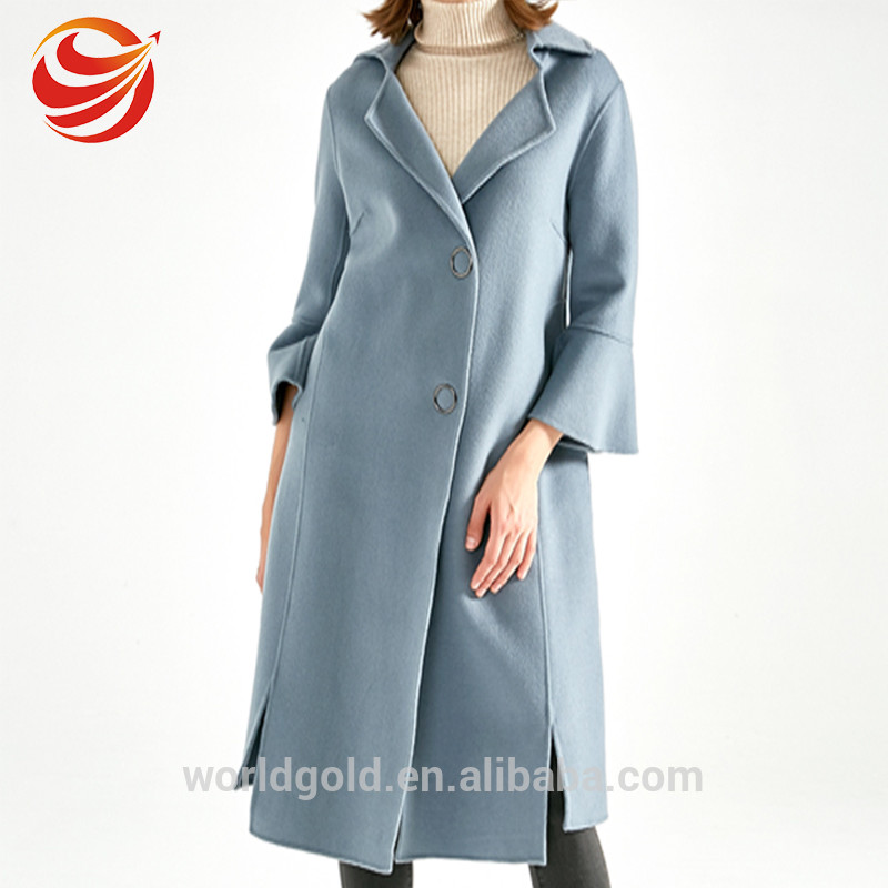 Cheap Light Blue Ladies Long Wool Coat , Fashion Style Cold Weather Jackets For Women for sale