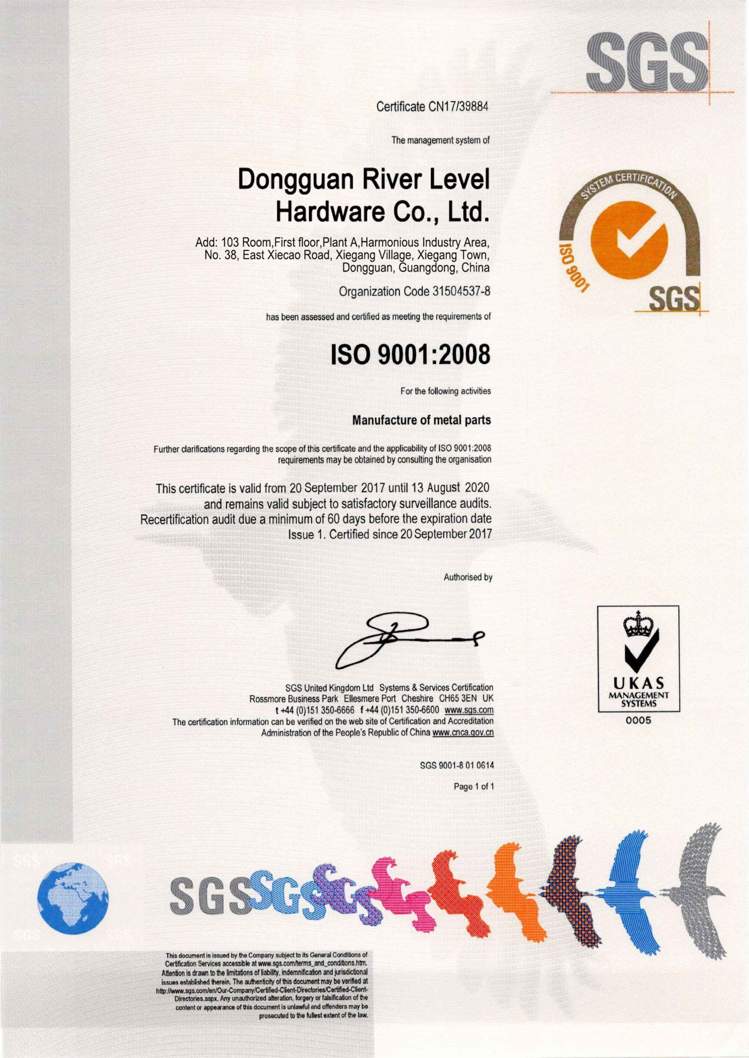 DongGuan River Level Hardware Co.,LTD Certifications
