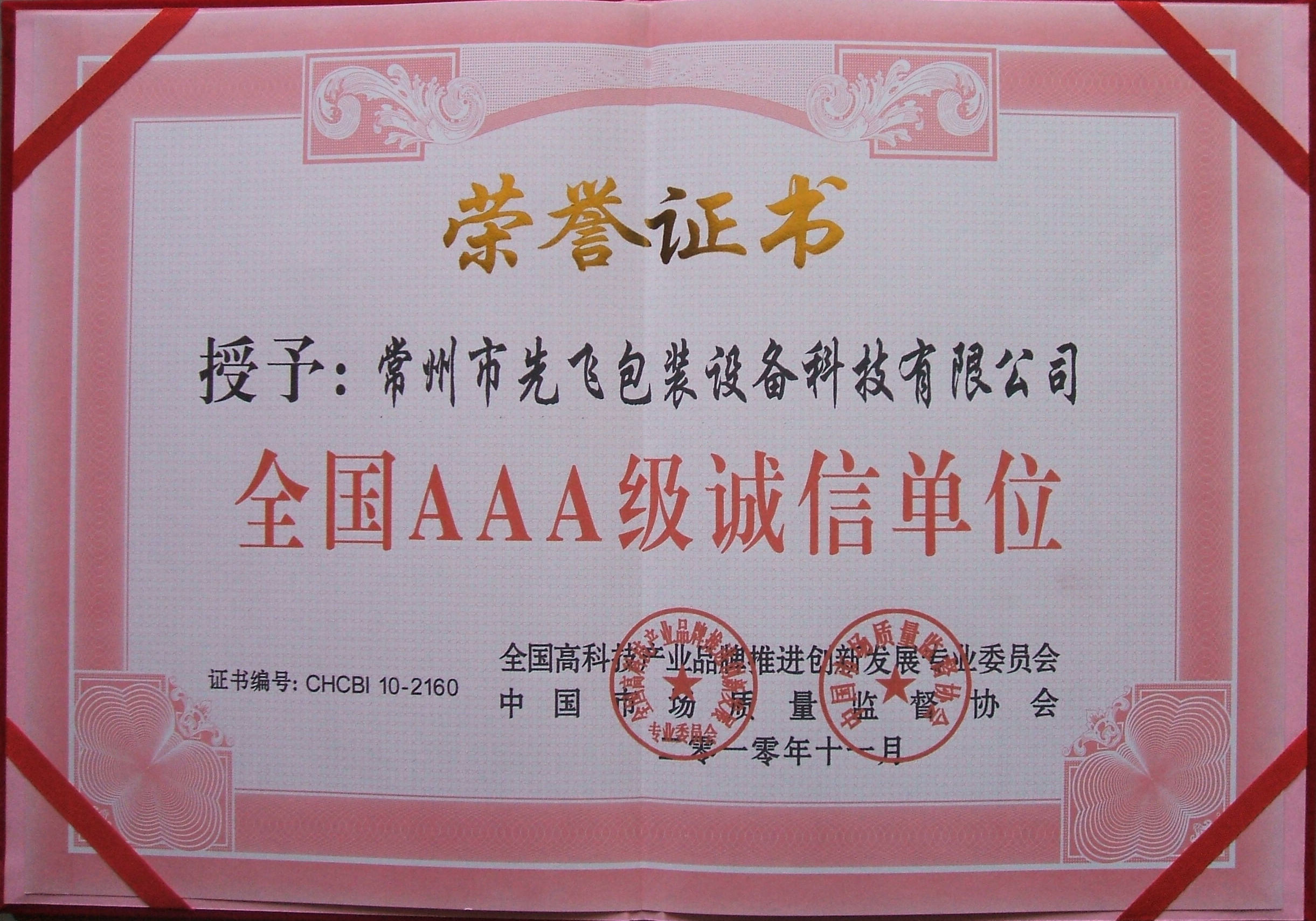 Changzhou Xianfei Packing Equipment Technology Co., Ltd. Certifications