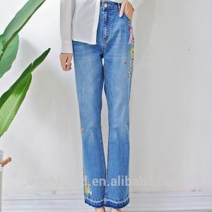 Cheap Embroidered Women Denim Wide Leg Pants , Girls Loose Fit Jeans Breathable for sale