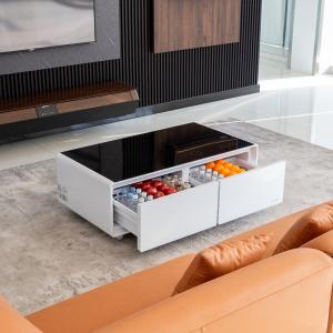 Tempered Glass Smart Coffee Table with Iron Frame Wireless Charging and Fridge