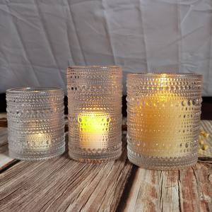 Customized Embossed Beads Strings Glass Votive Candle Holders , Glass Cylinder