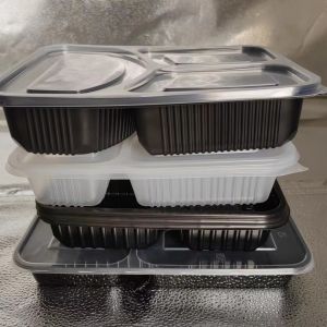 Customized disposable 3 compartment PP microwave black lunch box with lid