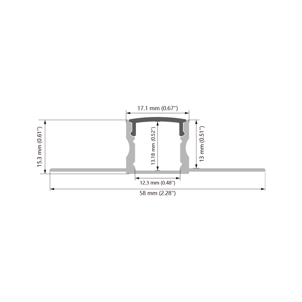 W58.0 × H15.0mm IP20 Rated Recessed Aluminum LED Profile with PCB Width up to 12