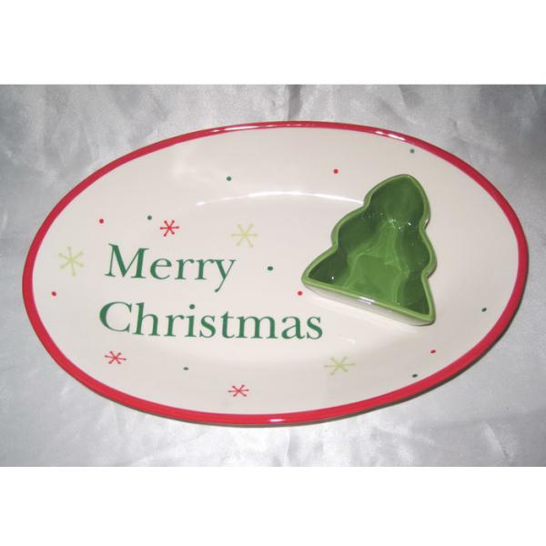 Hand Painted Ceramic Serving Platter Christmas Chip And Dip Set With Spot