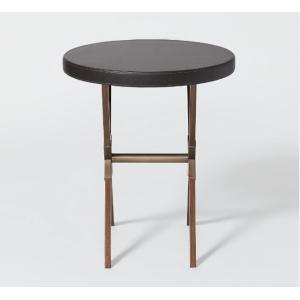 Antique brushed bronze metal base with upholstered leather top round hotel