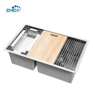 China SUS304 Stainless Steel Kitchen Sinks With Filter Basket Double Bowl Handmade House Kitchen Sinks With Cutting Board on sale