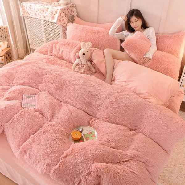 Rainbow Color Faux Fur Velvet Fluffy Plush Bedding Set for Modern Home and Decoration
