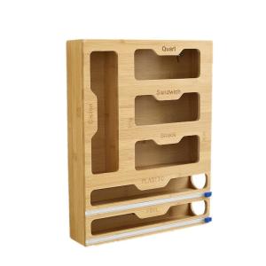 Bamboo Plastic Bag Dispenser Cutter Drawer Ziplock Bag Storage Organizer for