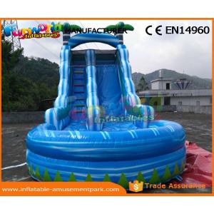 0.55mm PVC Tarpaulin Commercial Inflatable Slide Blue Palm Tree Slide With Pool