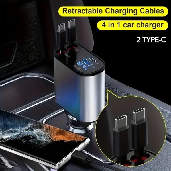 4 in 1 Car Fast Charger Retractable 100W for iPhone Type C Cables and 2 Charging Ports
