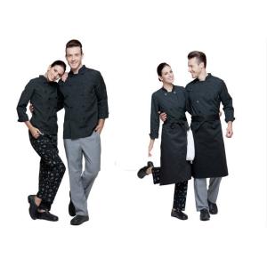 Cheap Print Logo Black Chef Uniform Full Length Vertical Pattern Design With Double Breasted Stripe for sale