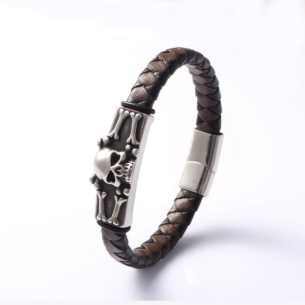 Skeleton Skull Brown Black Leather Creative Personality Stainless Steel Casting Trendy Leather Bracelet European and American Punk Skull Fashion