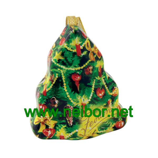 Quality christmas tree shape chocolate tin box with hanging ribbon wholesale