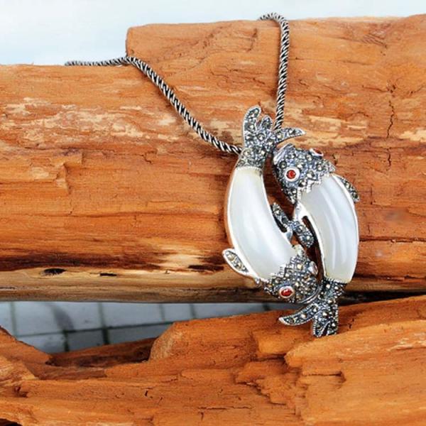 Thai 925 Silver Double Fishes White Opal Pendant with Sterling Silver Chain (N11066WHITE)
