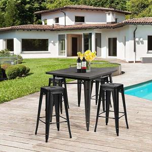 Restaurant High Bistro Table And Stools Outdoor Modern Black Metal Stackable