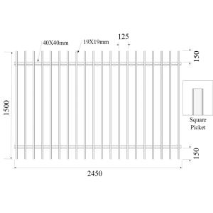 Square Picket 19x19mm 2 rails 40mmx40mm x 1.6mm H1500mmxW2450mm Hercules Fencing