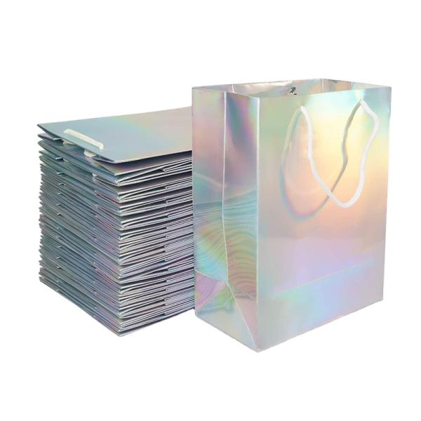 boutique Custom Printed Paper Bags Holographic Shopping Bag With Ribbon Handle