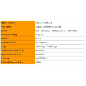 7205CTYNDBL P4 Angular Contact Ball Bearing Machine Tool Spindle Bearings