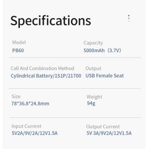 Silm Type C USB 27300 Ourput Travel PB60 Mobile Power Bank