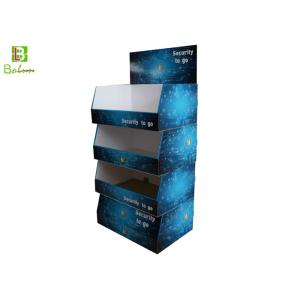 Blue Cardboard Floor Display Shelves Three Tier For Electronic Products