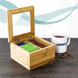 bamboo wooden and acrylic tea bag organizer with viewing window