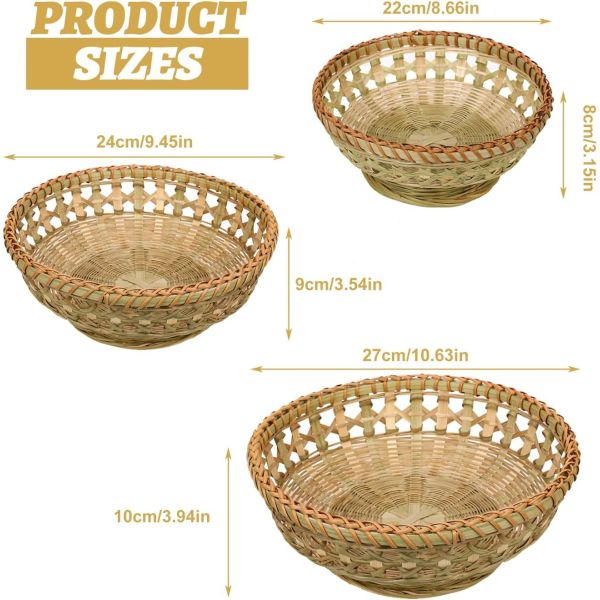 Quality Natural Bamboo Bread Baskets, 3 Pack Hand Woven Round Fruit Baskets For Serving, Handmade Picnic Basket, Wicker Decoration Storage For Living Room Kitchen Restaurant wholesale