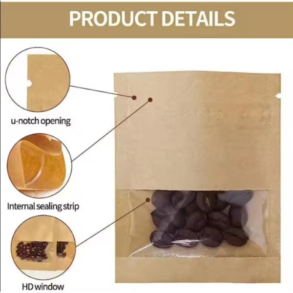 Small Resealable Three Side Seal White Brown Kraft Paper Bags Zipper Pouches With Clear Window