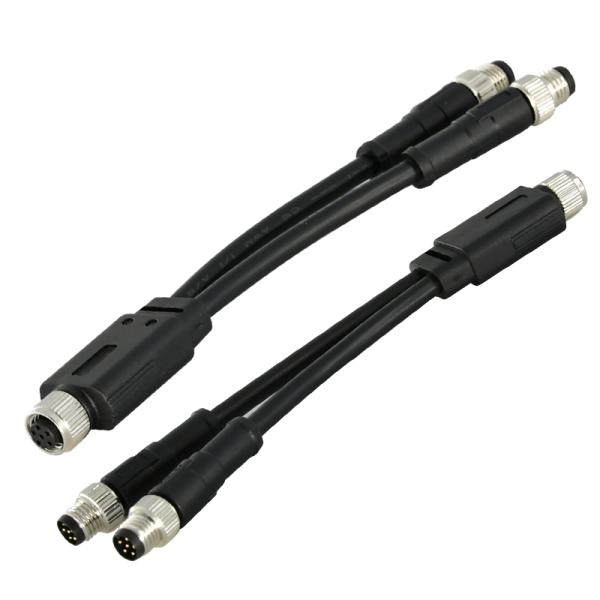 M12 Waterproof Y Slitter 3 4 5 8 12 Pins / Holes Female To Male Overmolded Cable