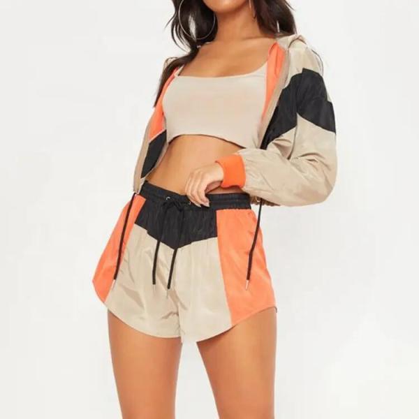 Crop Top Women Jogger Shorts Set Color Block Polyester Windbreaker Tracksuits Sweatsuit