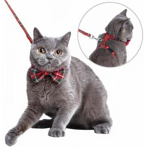 Nylon Webbing Adjustable Cat Harness Kitty Rabbit Plaid With Removable Bowtie