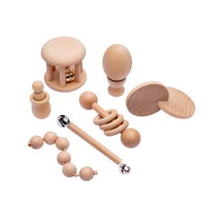 China Graphic Rattles 7Pc Wooden Teether For Baby Wooden Teething Ring on sale