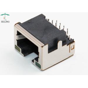 Female Right Angle RJ45 Connector With LED Pipe Latch Up Seeking PCB Thru - Hole